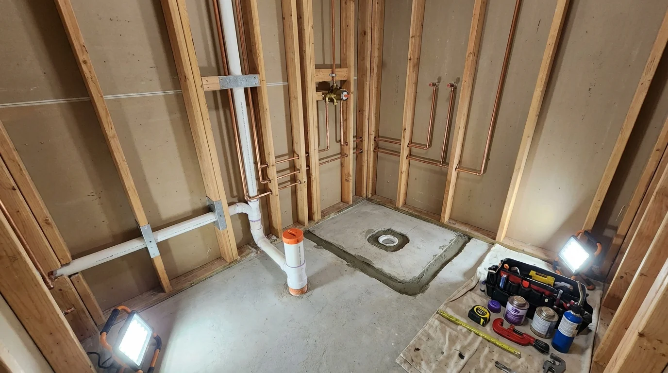 Bathroom rough-in plumbing during remodel by Johns Plumbing LLC in Annville