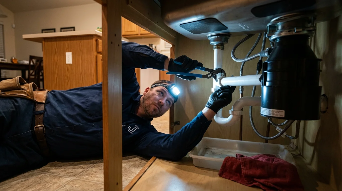 P-trap and supply line connections under a kitchen sink showing a common leak point in Annville, KY